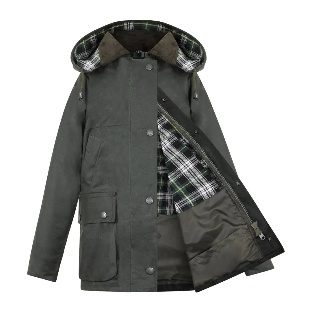 Dark green Kids Padded Wax Jacket with plaid lining and pockets for outdoor fun