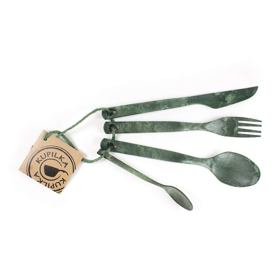 Four-piece tarnished green camping utensils from the Kupilka Cutlery Set for outdoors fun