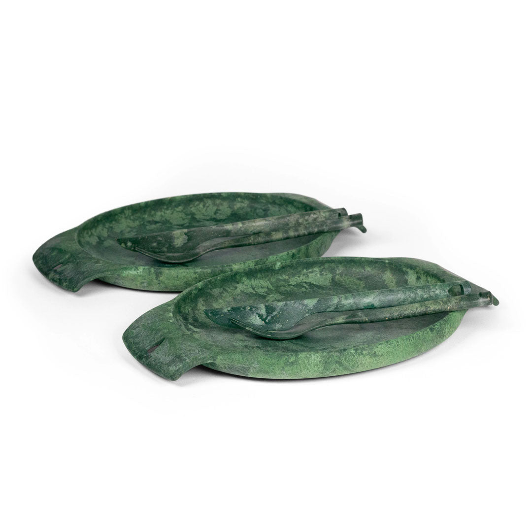 Two green leaf-shaped dishes from the Kupilka Fill That Belly Gift Set