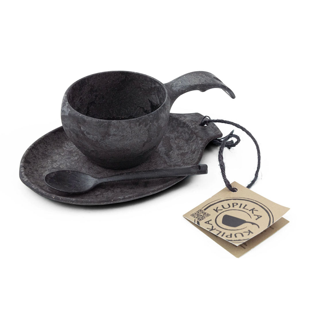 Black cup and saucer set with spoon in the Kupilka Gift Box for country clothing lovers