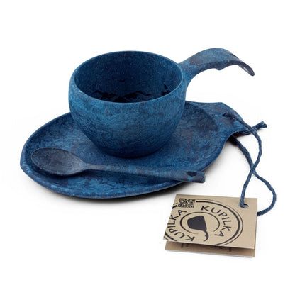 Blue cup, saucer, and spoon set in Kupilka Gift Box perfect for country clothing lovers outdoors