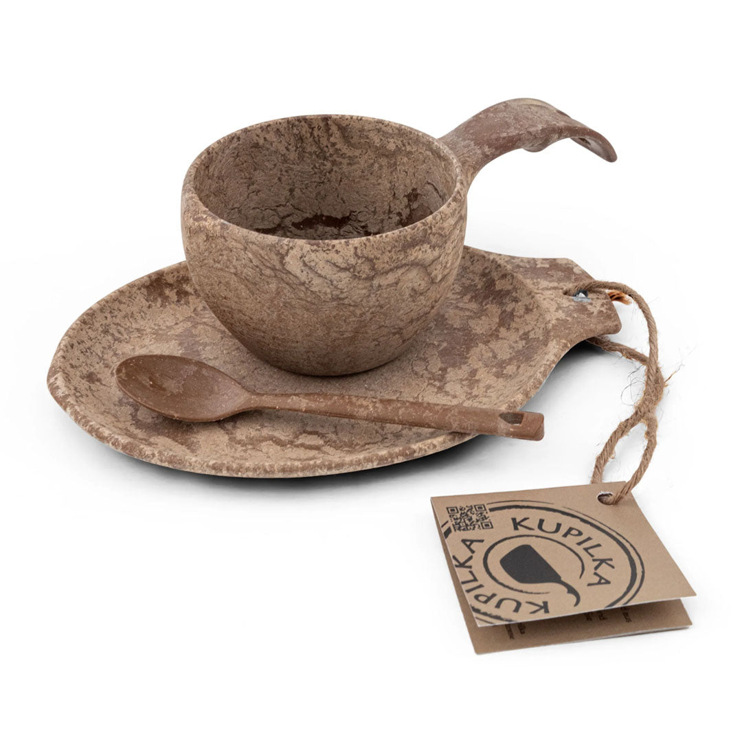 Wooden cup, saucer, and spoon set from Kupilka Gift Box for country clothing lovers