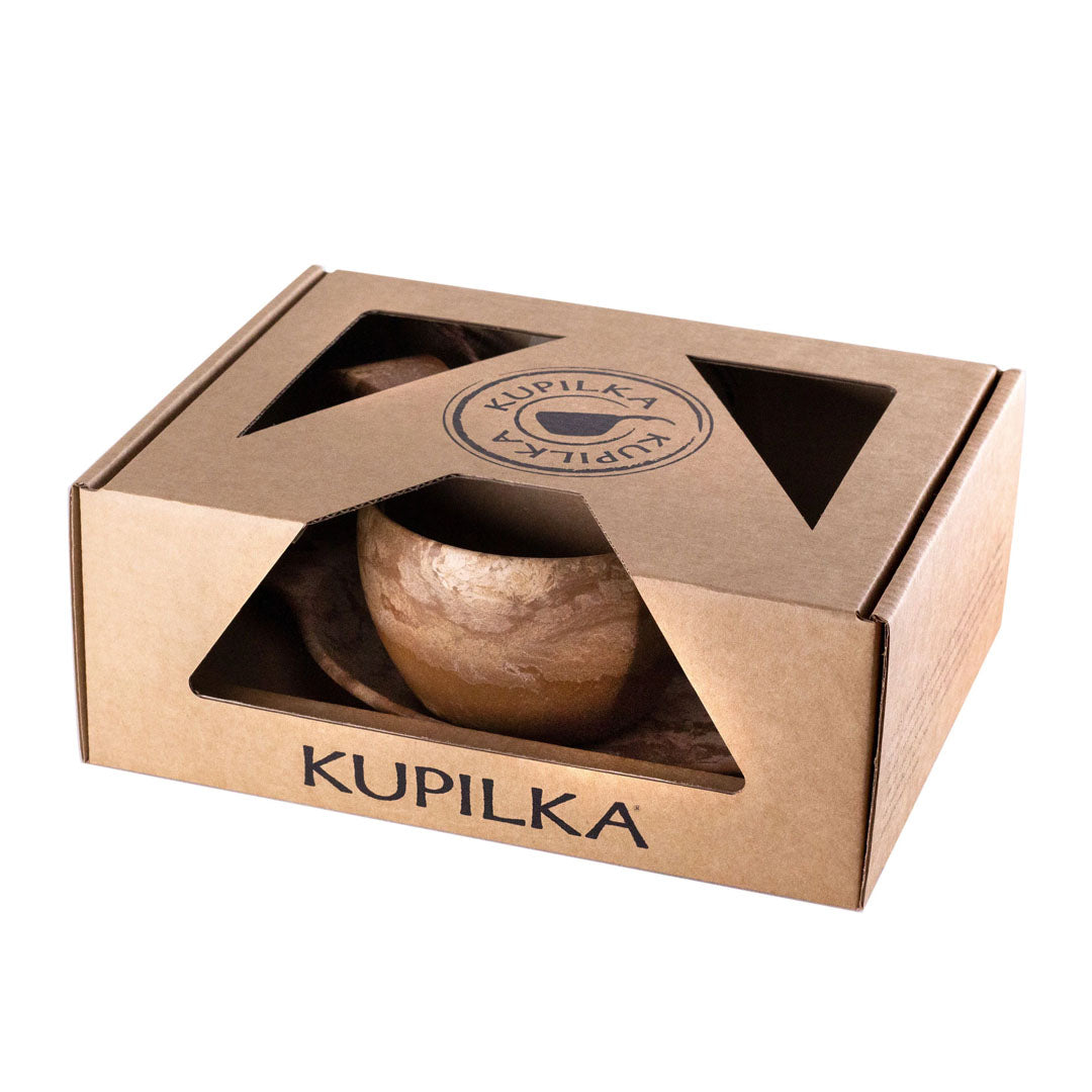 Wooden cup set in a cardboard box, perfect for country clothing lovers and outdoor adventures