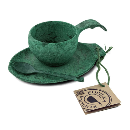 Green cup, saucer, and spoon set in Kupilka Gift Box, perfect for country clothing lovers