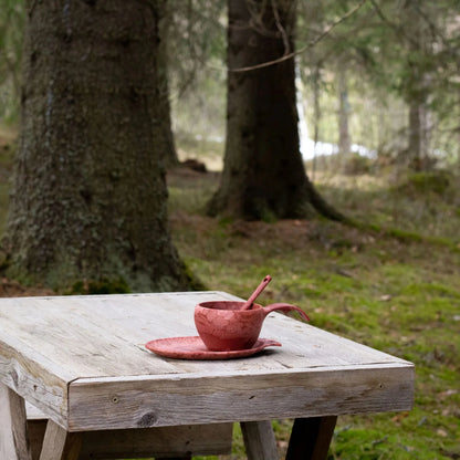 Reddish-brown wooden cup and saucer with spoon from Kupilka Gift Box for outdoors lovers