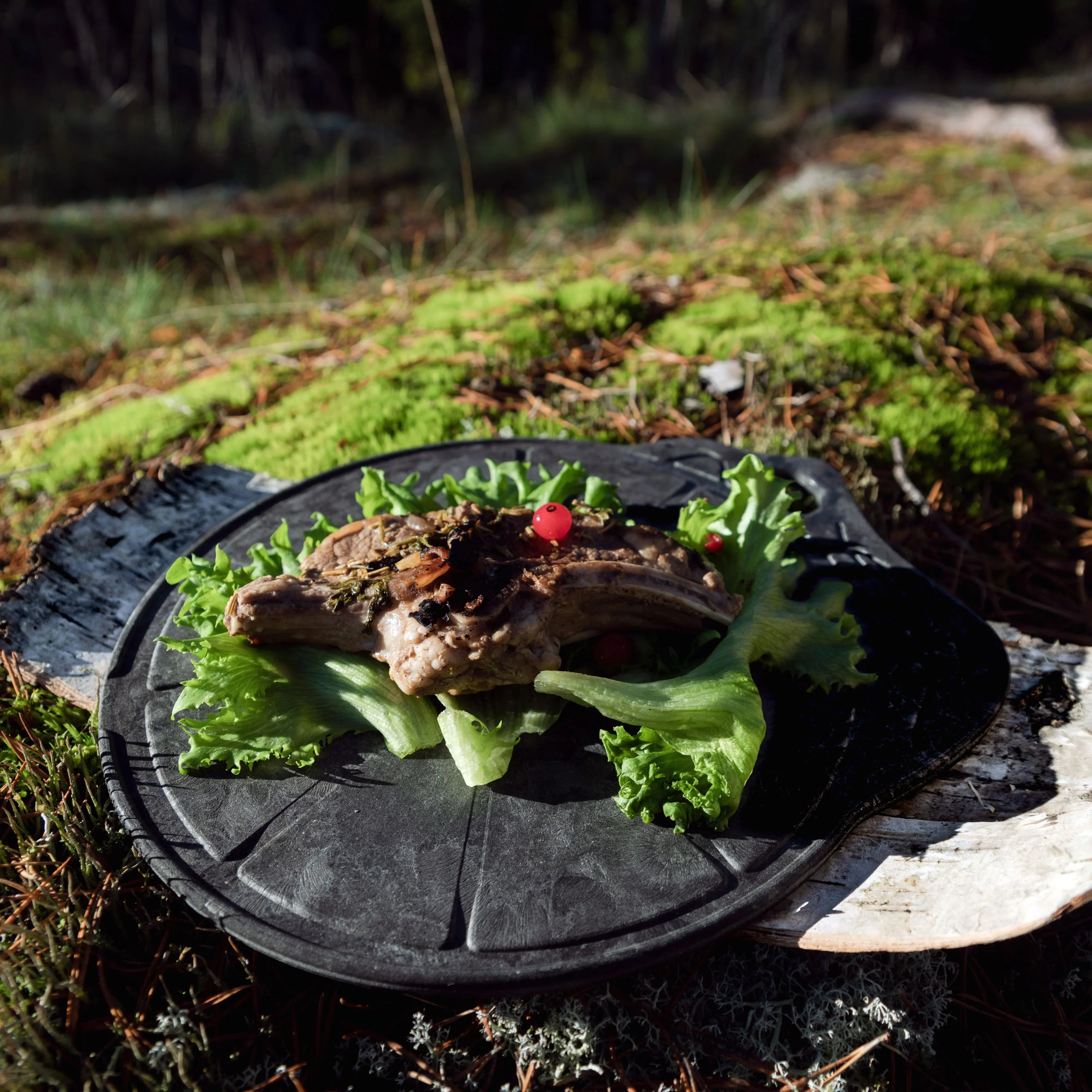 Cooked meat with lettuce and berries on a Kupilka serving tray for stylish dining