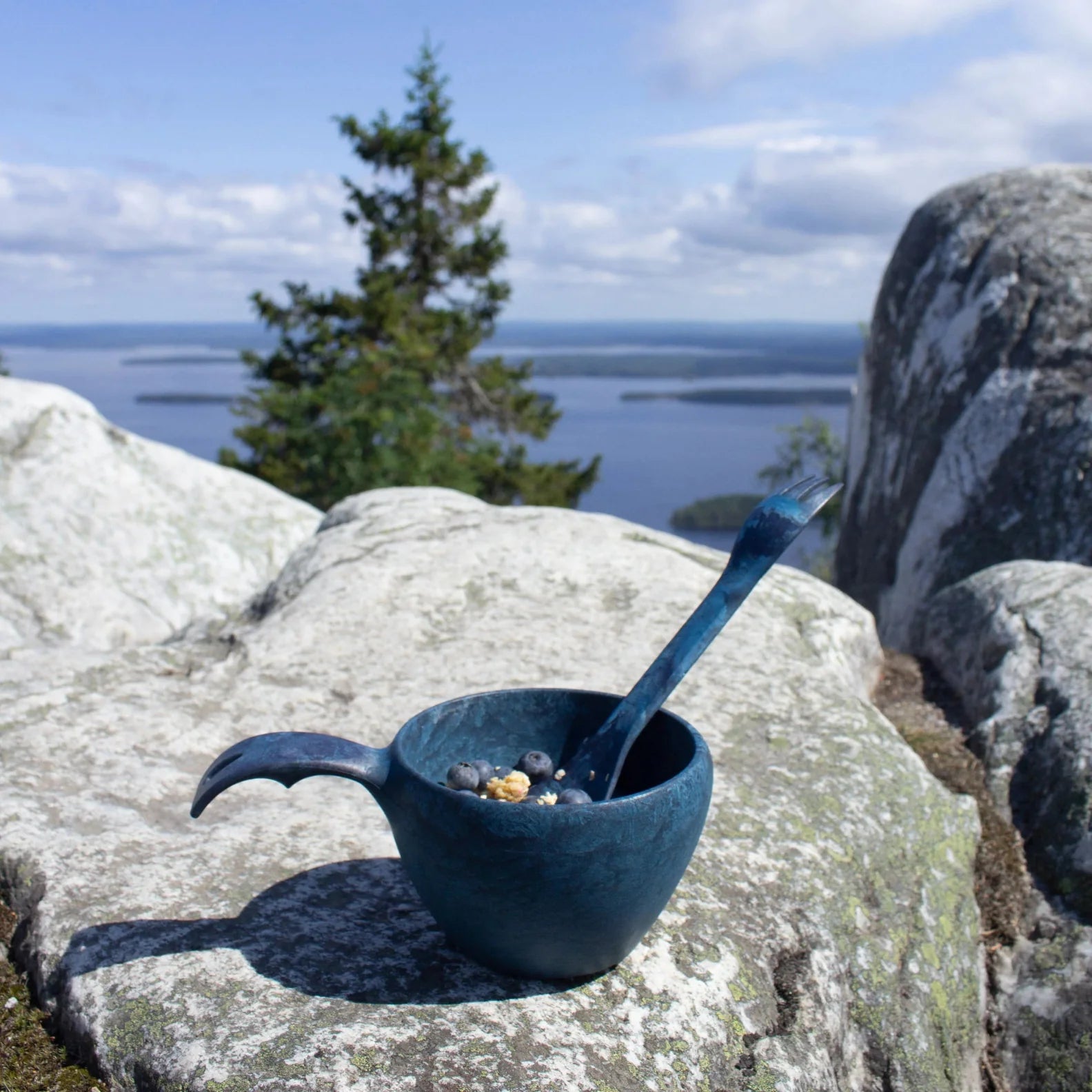 Blue cup with blueberries and a spork, perfect for Kupilka outdoor vessels