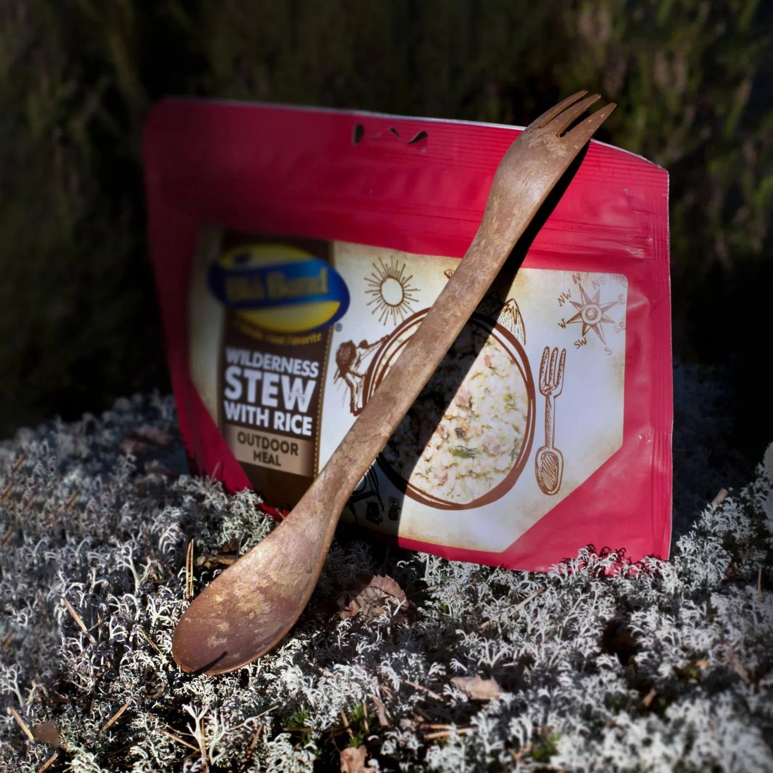 Wilderness stew meal with Kupilka Large Spork, perfect for hunting and outdoor adventures