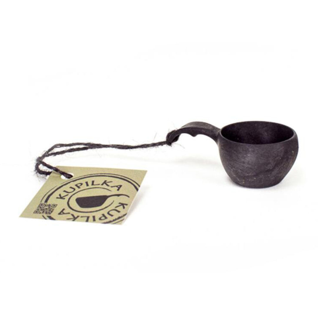 Dark brown wooden Kupilka Mini Cup with handle and tag perfect for your outdoor adventures