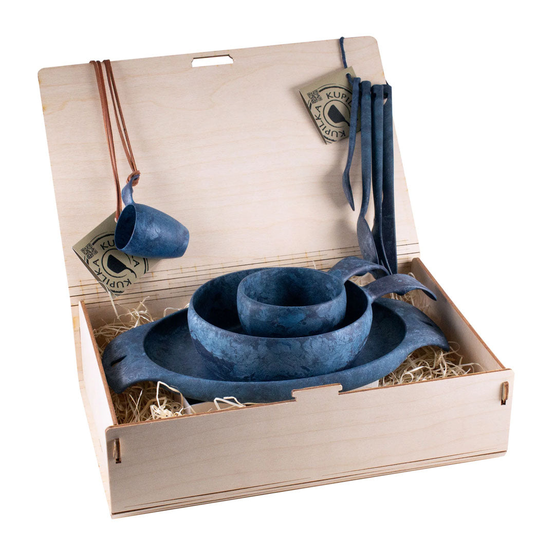 Blue camping dishware set in wooden box from Kupilka Premium Gift Set