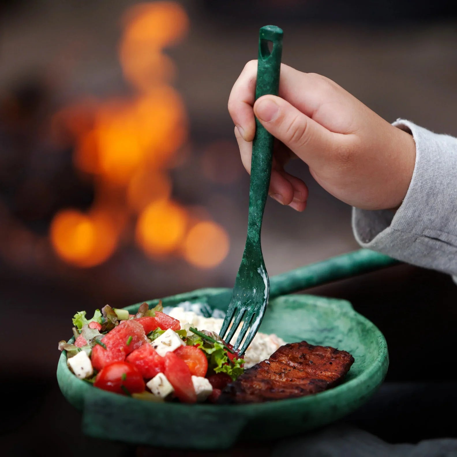 Rustic green plate with salad and meat from Kupilka Premium Gift Set