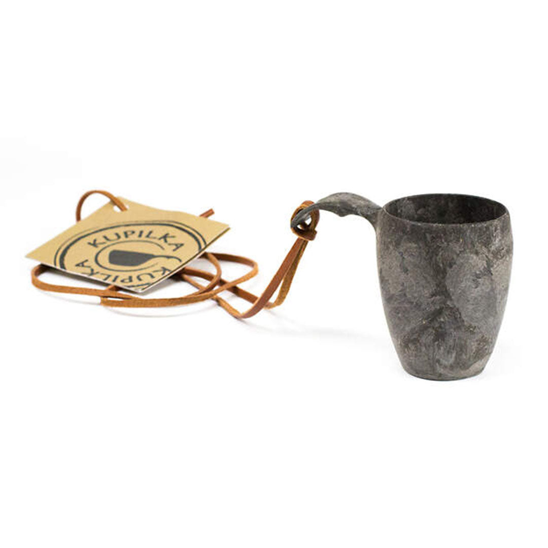 Gray Kupilka Shot Cup with leather strap, perfect for country clothing and hunting