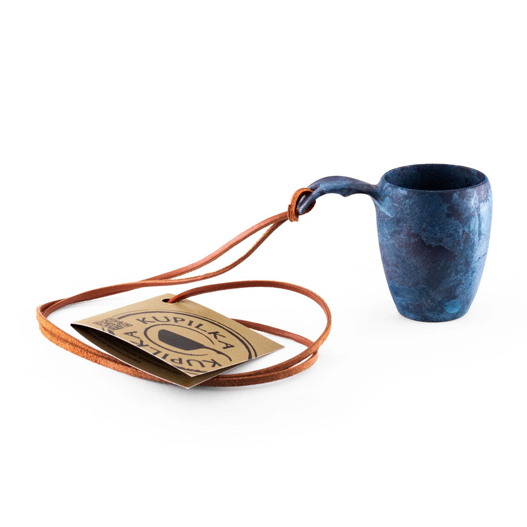 Blue Kupilka Shot Cup with leather strap, perfect for country clothing and hunting trips