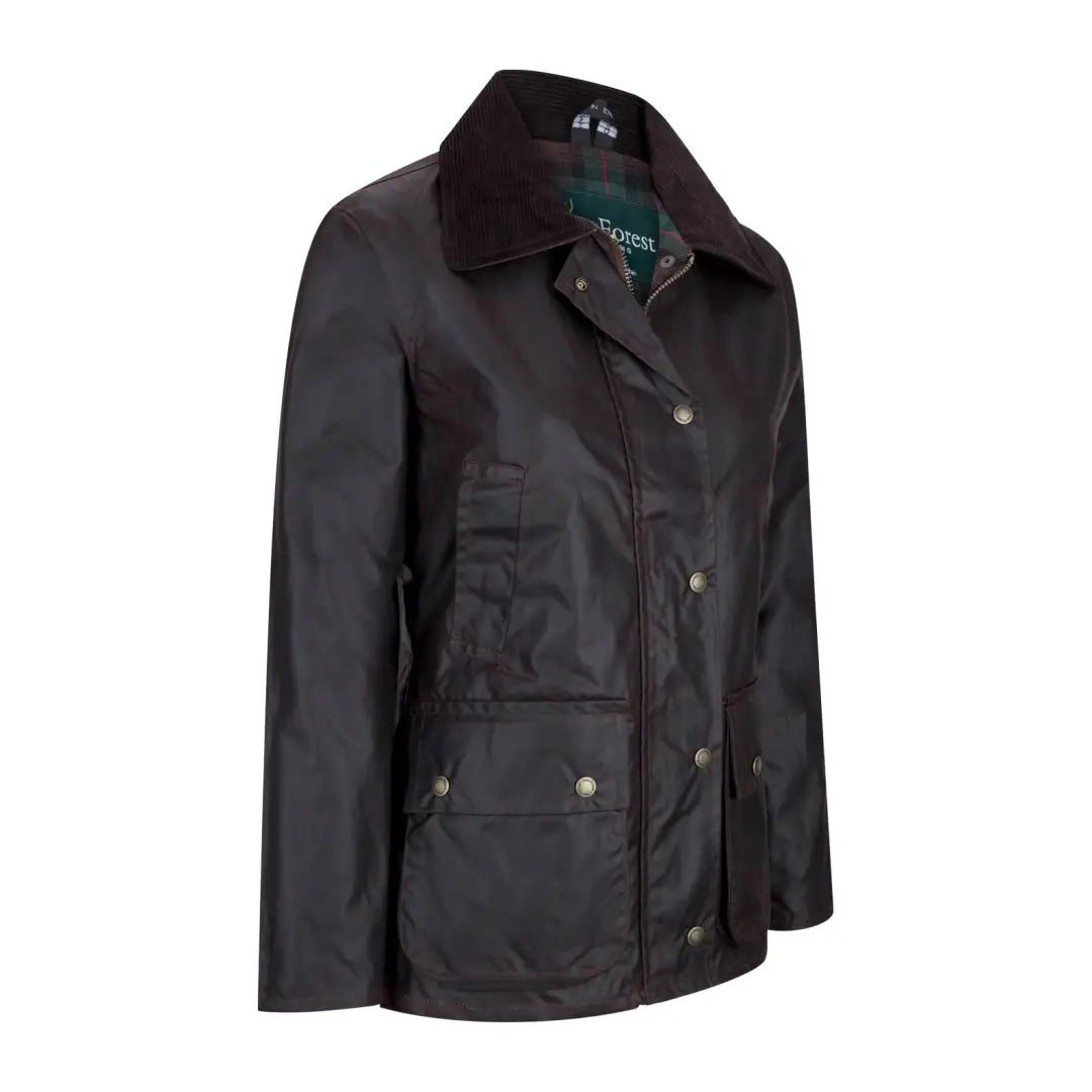 Stylish Ladies Antique Wax Jacket with corduroy collar and snap buttons. Perfect for any look!