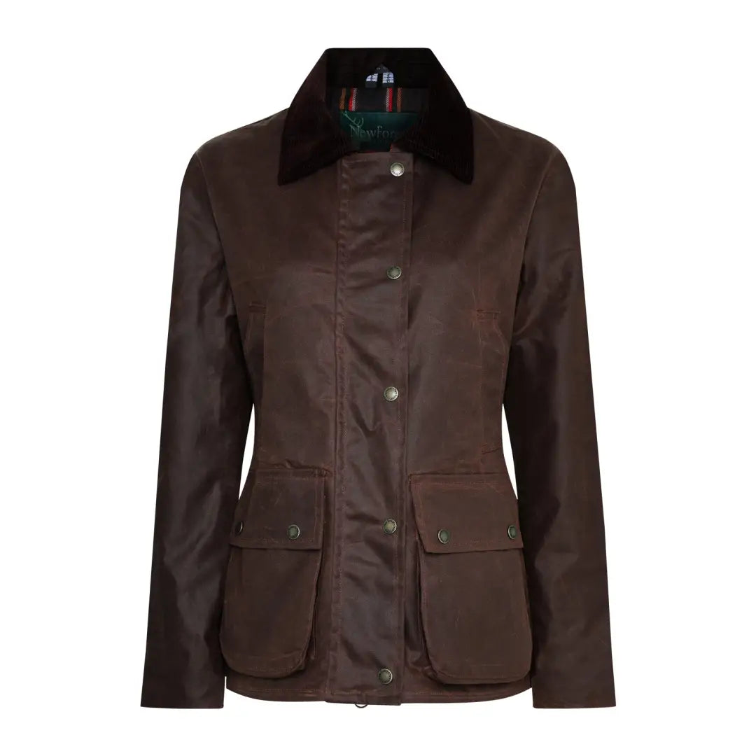 Brown Antique Wax Jacket with Corduroy Collar and Snap Button Closure for ladies