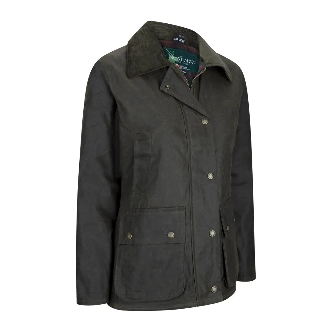 Dark green antique wax jacket with collar and pockets for a stylish look