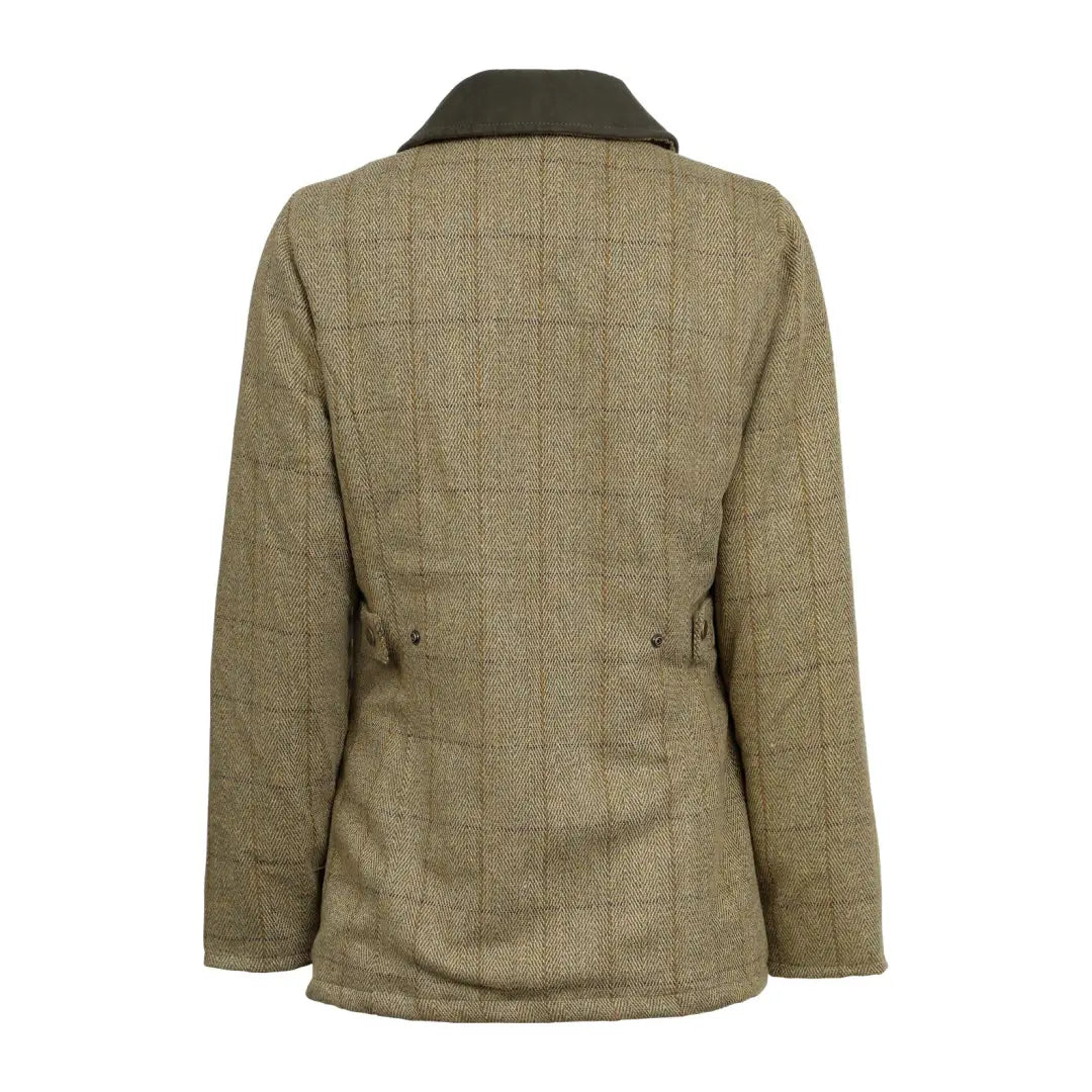 Tan ladies tweed jacket with dark collar and subtle checkered pattern