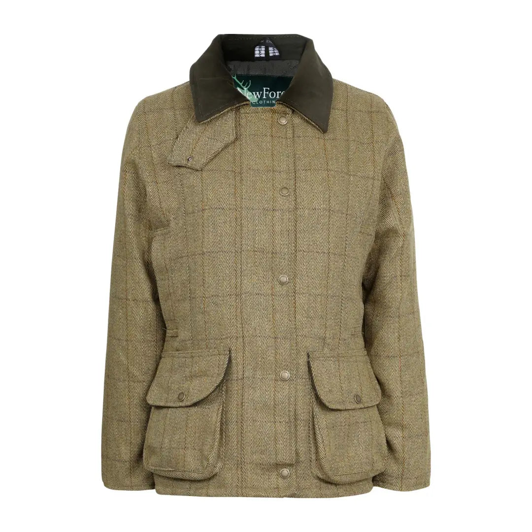 Beige tweed jacket with dark collar and pockets perfect for stylish ladies tweed looks