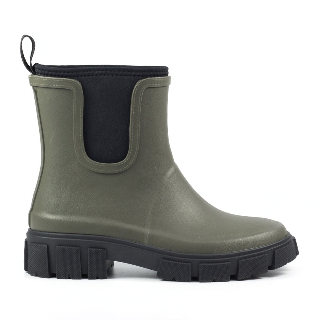 Olive green Lazy Dogz Lake Ankle Wellington boot perfect for rainy day adventures