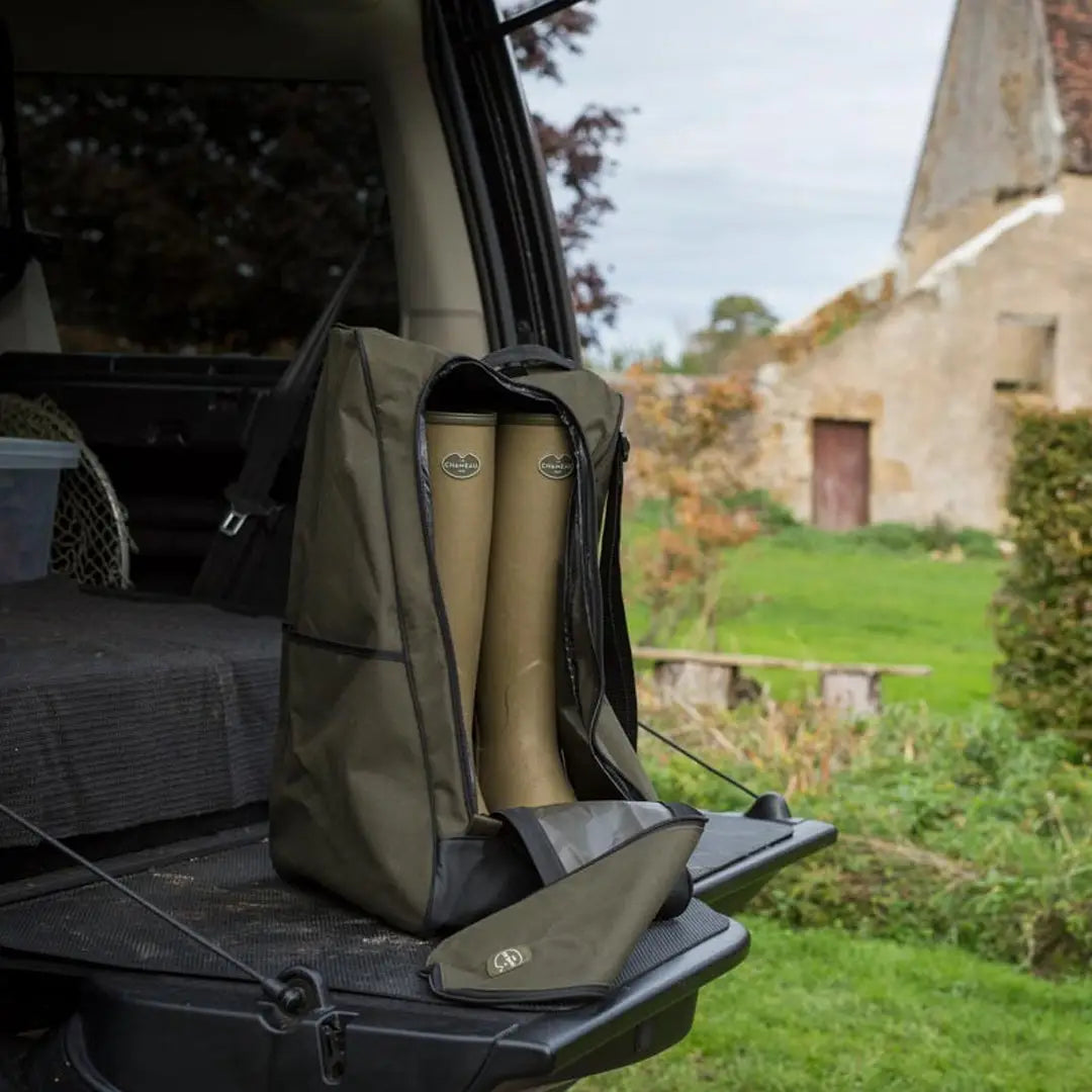 Rubber boots in an olive green Le Chameau Boot Bag, perfect for adventures