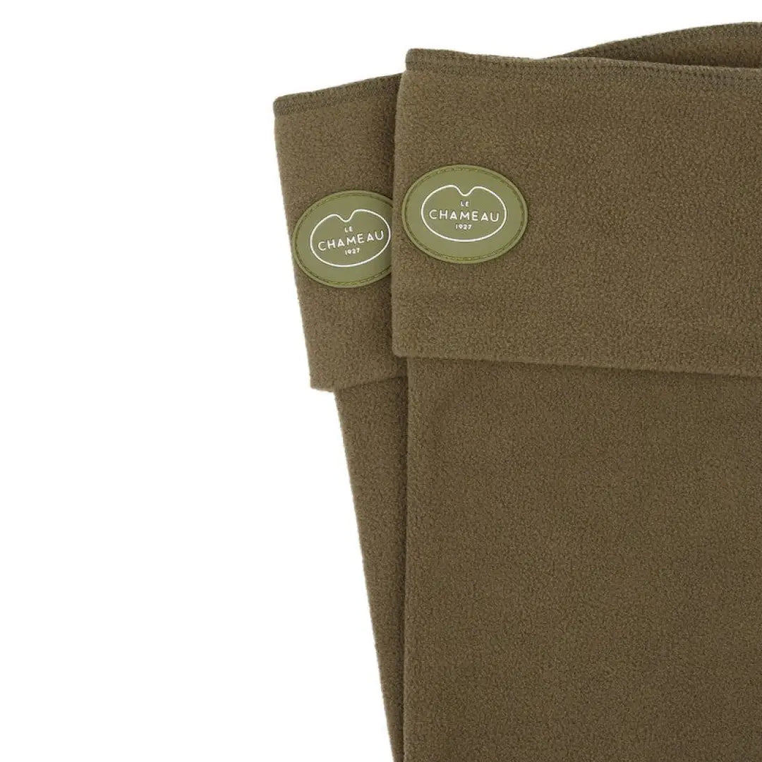 Pair of olive green fleece blankets for Chameau Fleece Boot Liners with brand labels