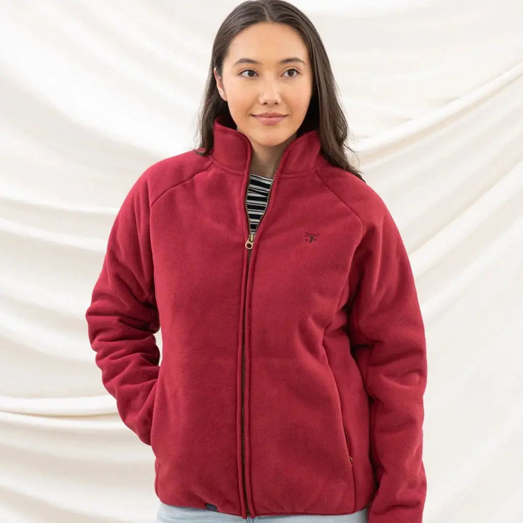 Red fleece zip-up jacket with high collar, perfect for country clothing and hunting adventures