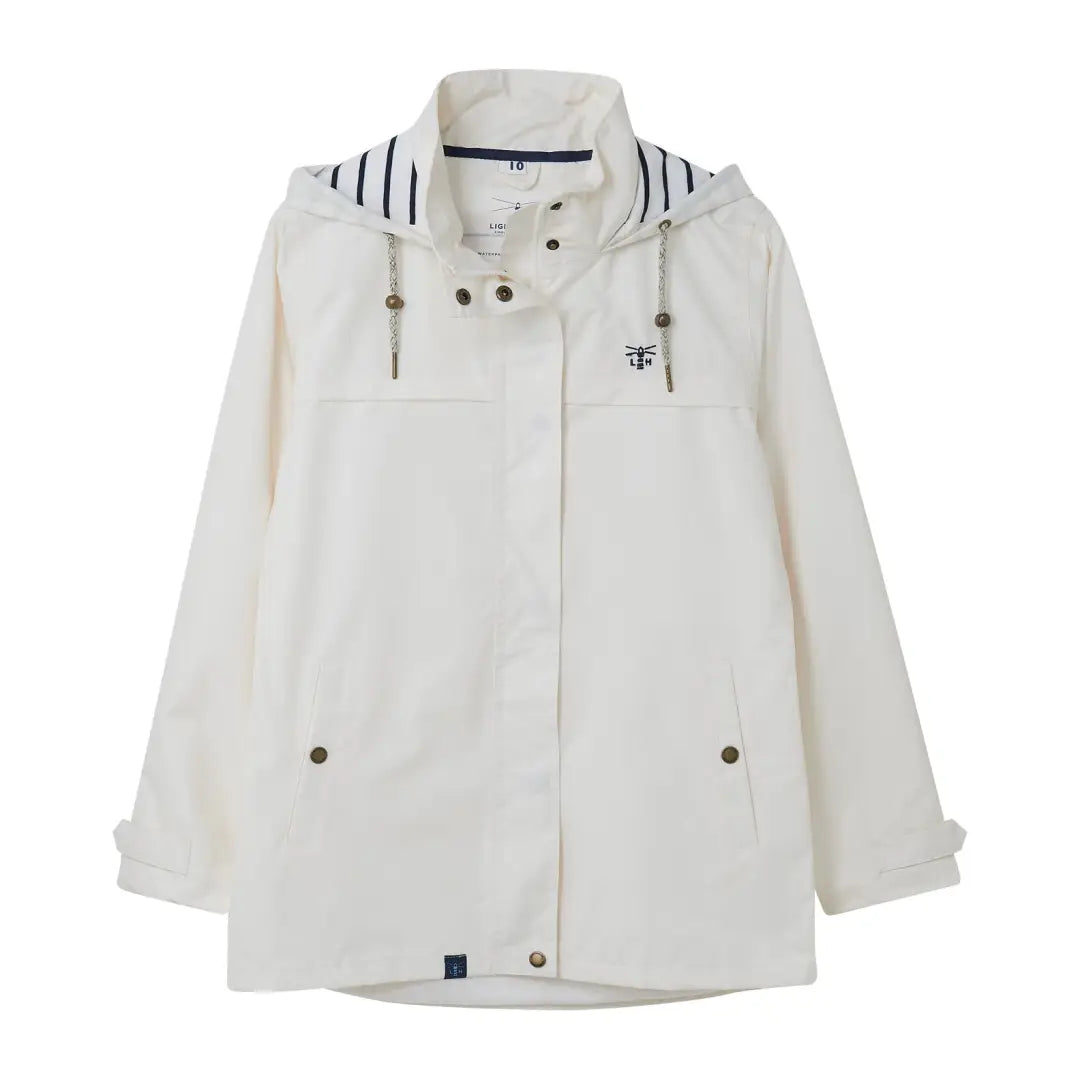 White hooded Lighthouse Beachcomber Ladies Waterproof Jacket with navy lining