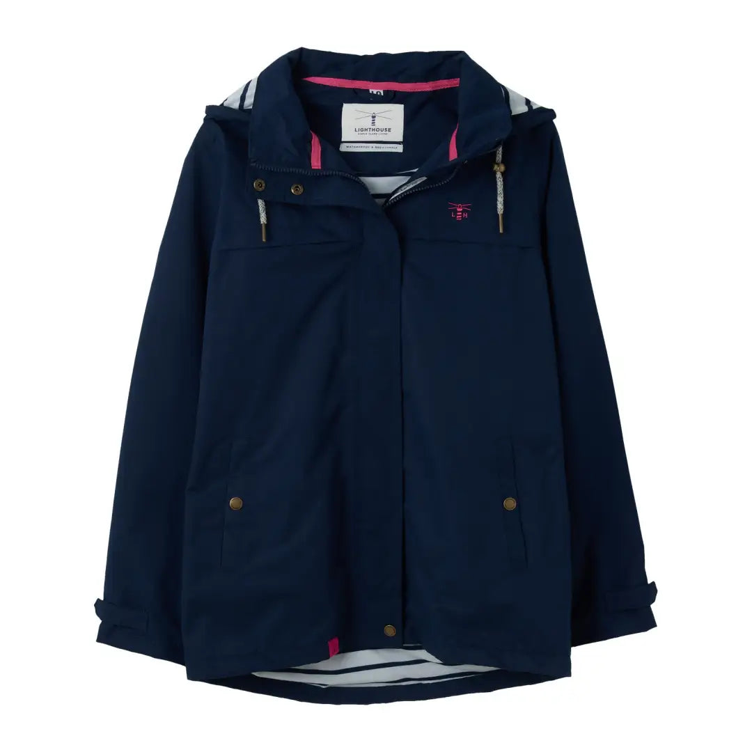 Navy blue Lighthouse Beachcomber Ladies Waterproof Jacket with pink accents and hood