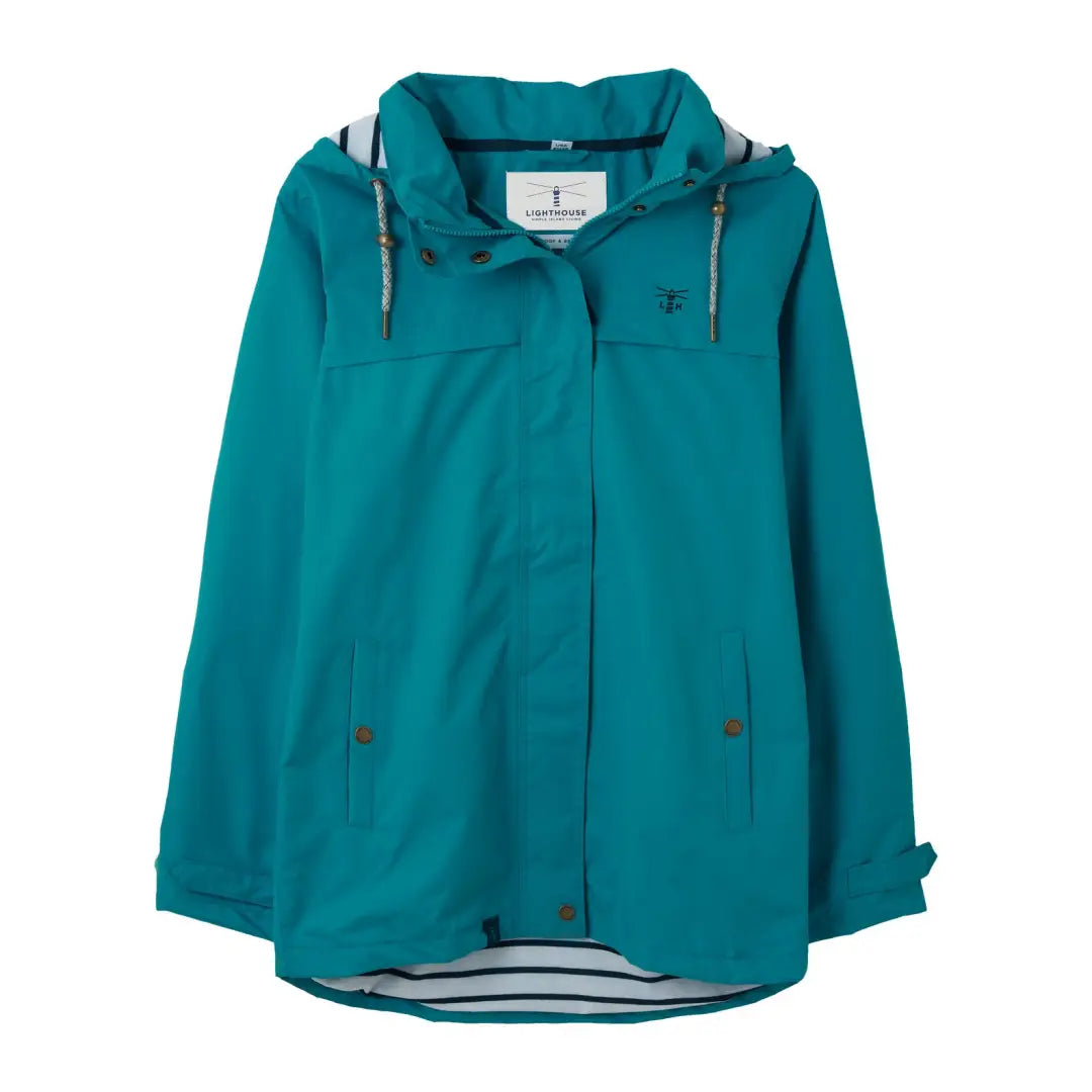 Teal Lighthouse Beachcomber Ladies Waterproof Jacket with drawstrings and pockets