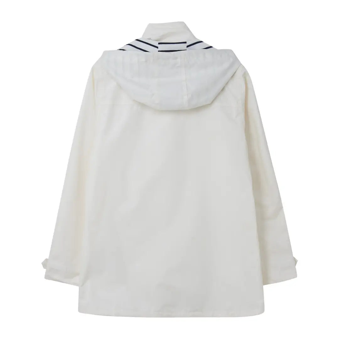 White hooded Lighthouse Beachcomber Ladies Waterproof Jacket with navy striped collar detail