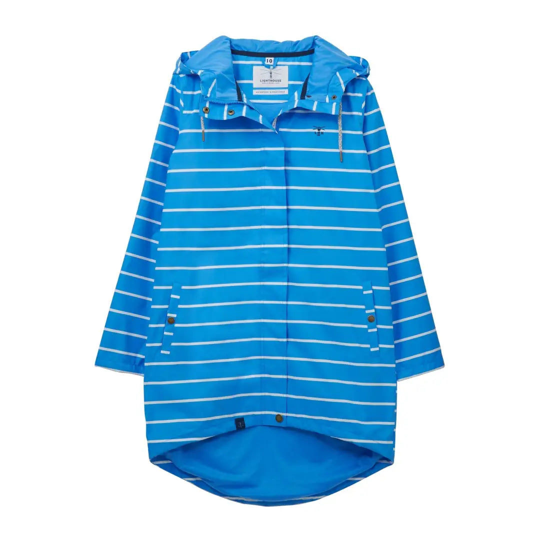 Blue and white striped hooded raincoat from Lighthouse Ladies Beachcomber Long Coat