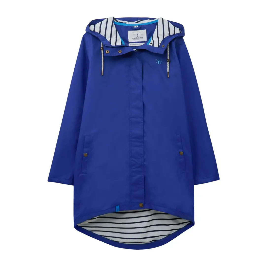 Blue hooded Lighthouse Ladies Beachcomber Long Coat with fully taped seams and striped lining