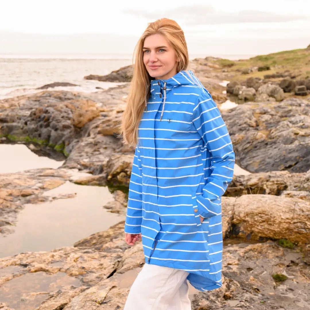 Blue and white striped waterproof Lighthouse Ladies Beachcomber Long Coat with hood