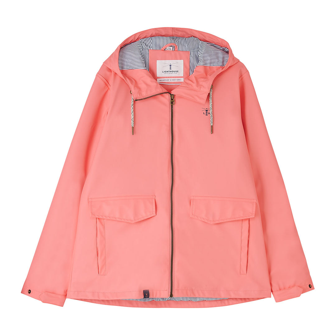 Salmon-colored hooded rain jacket from the Lighthouse Ladies Lucy Coat collection