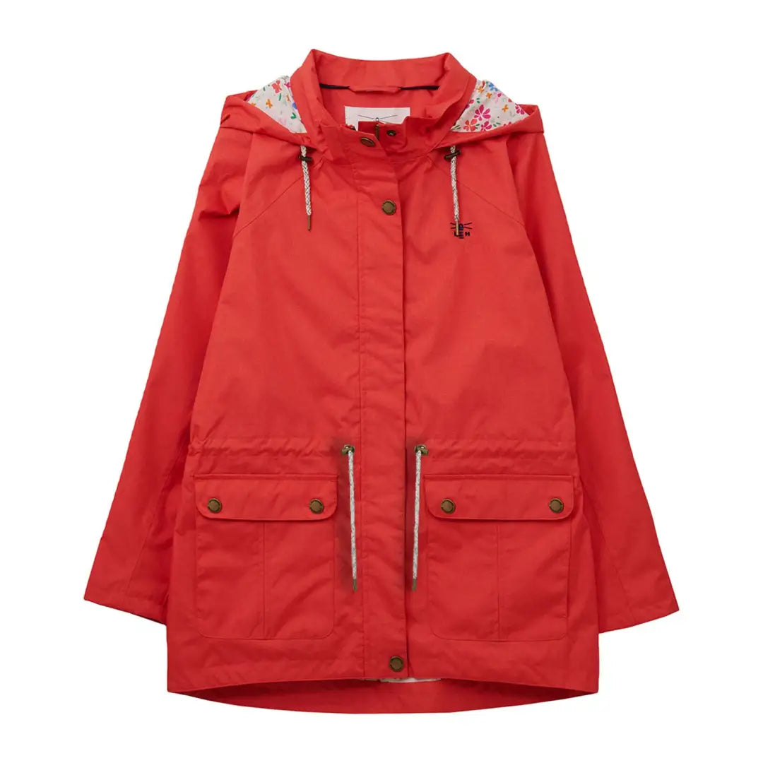 Red hooded raincoat with front pockets, button closures, and comfy cotton blend lining