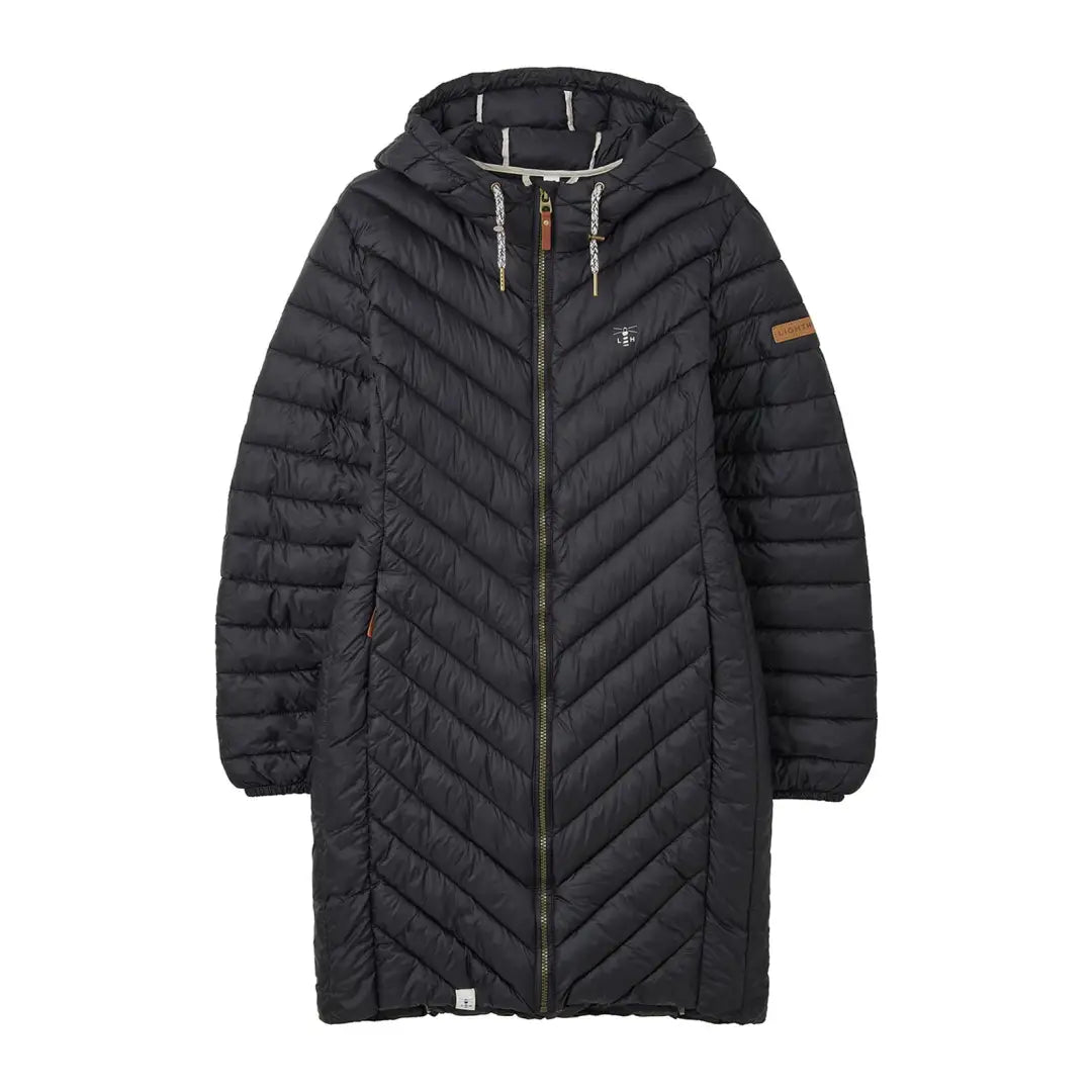 Black quilted Lighthouse Laurel Coat with hood, a stylish mid-length coat for cozy warmth