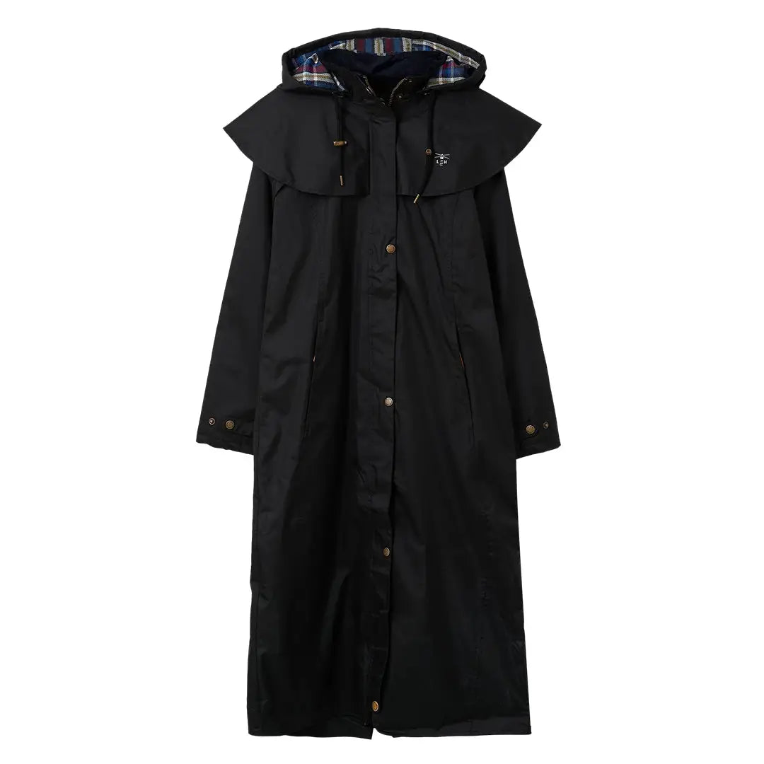 Long black hooded Lighthouse Outback Length Ladies Waterproof Raincoat with plaid-lined hood