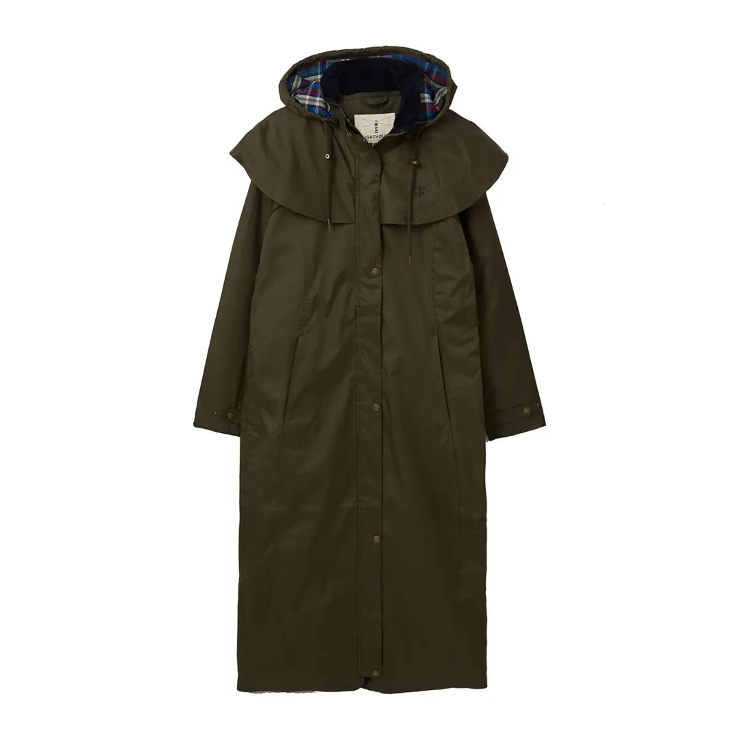 Long olive green Lighthouse Outback full length ladies waterproof coat with detachable cape