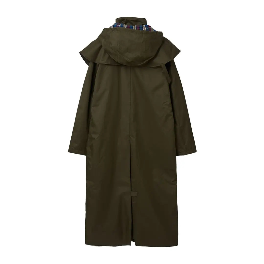 Long olive green Lighthouse Outback raincoat with cape collar and adjustable leg straps