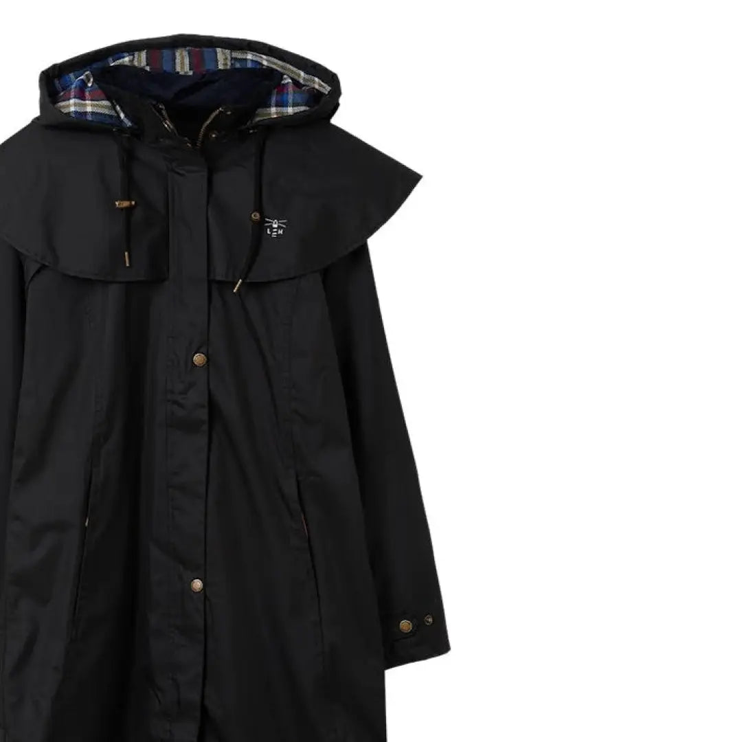 Black hooded Lighthouse Outback full length ladies waterproof raincoat with plaid lining