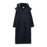 Long navy blue hooded raincoat with cape detail, perfect ladies waterproof style