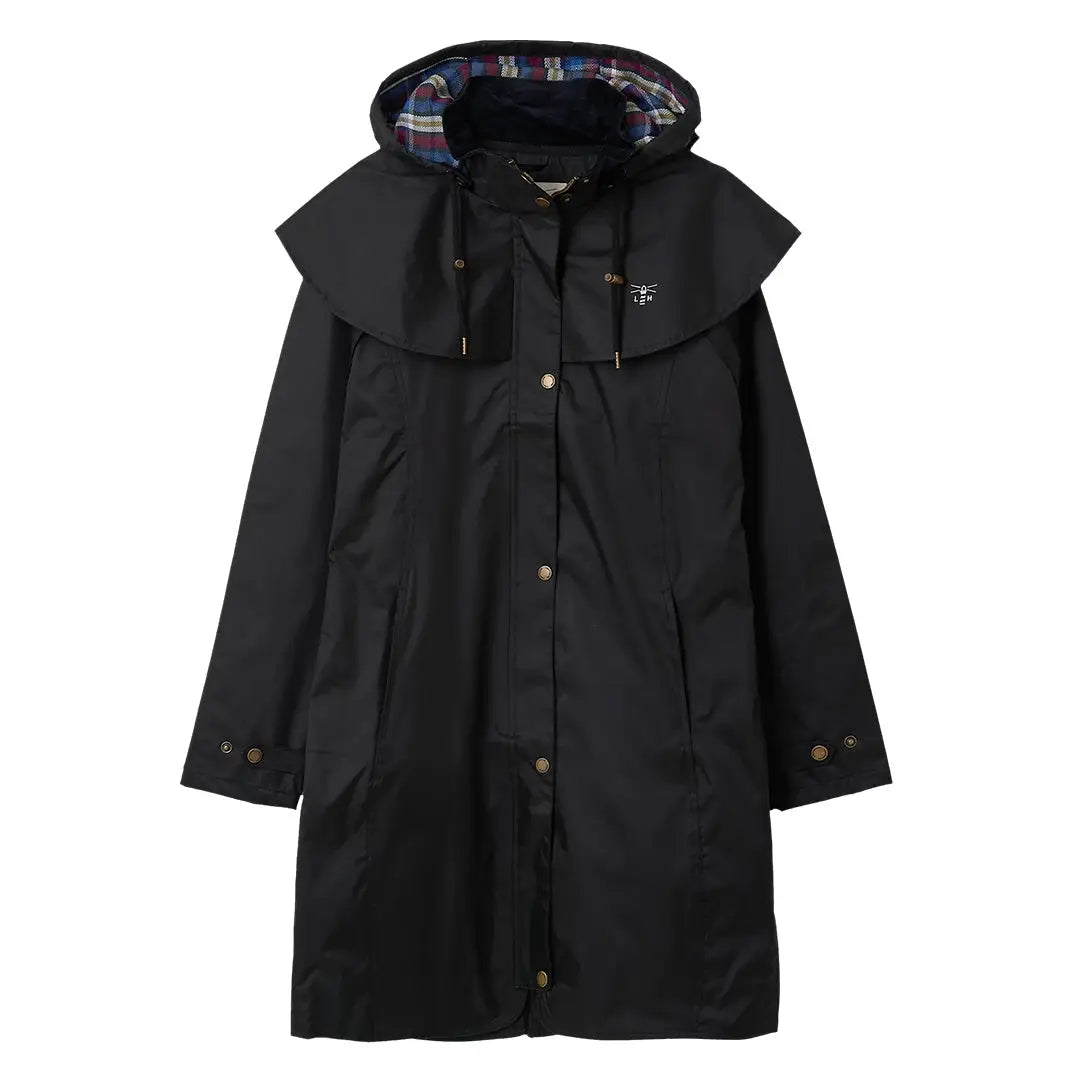 Black hooded Lighthouse Outrider 3/4 length ladies waterproof raincoat with cape collar