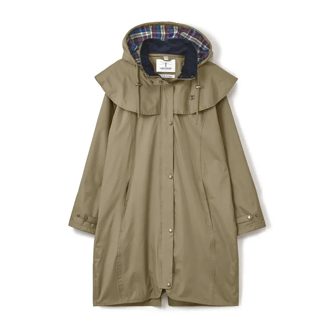 Khaki Lighthouse Outrider 3/4 Length Ladies Waterproof Raincoat with plaid-lined hood