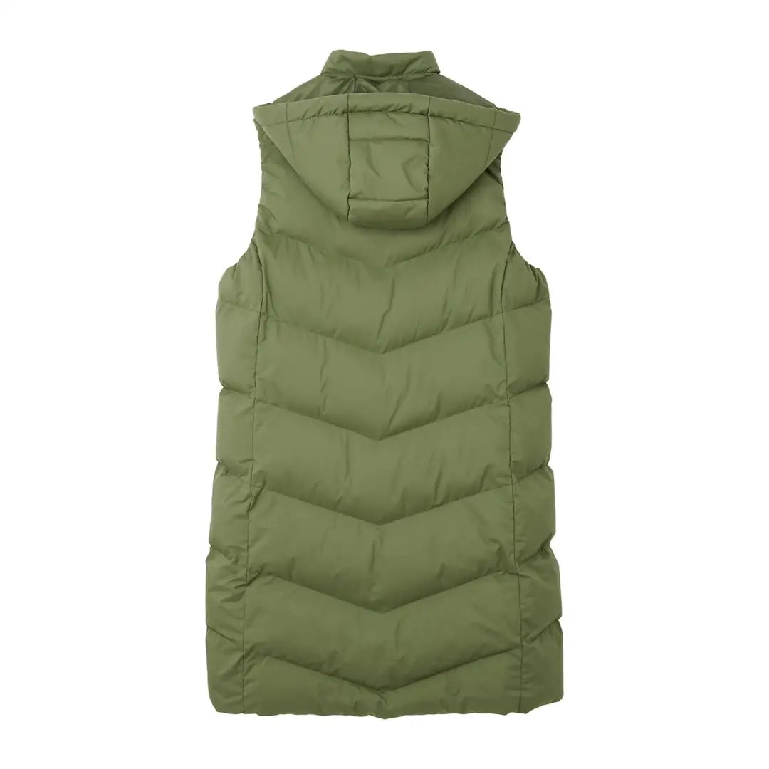 Olive green quilted puffer vest with hood, perfect for a winter city break in style