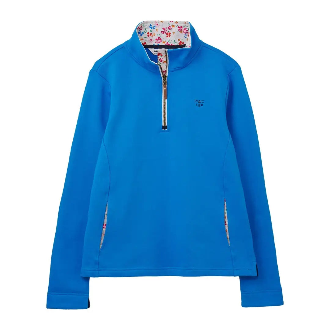 Bright blue Lighthouse Shore Ladies Sweatshirt with floral print lining at the collar