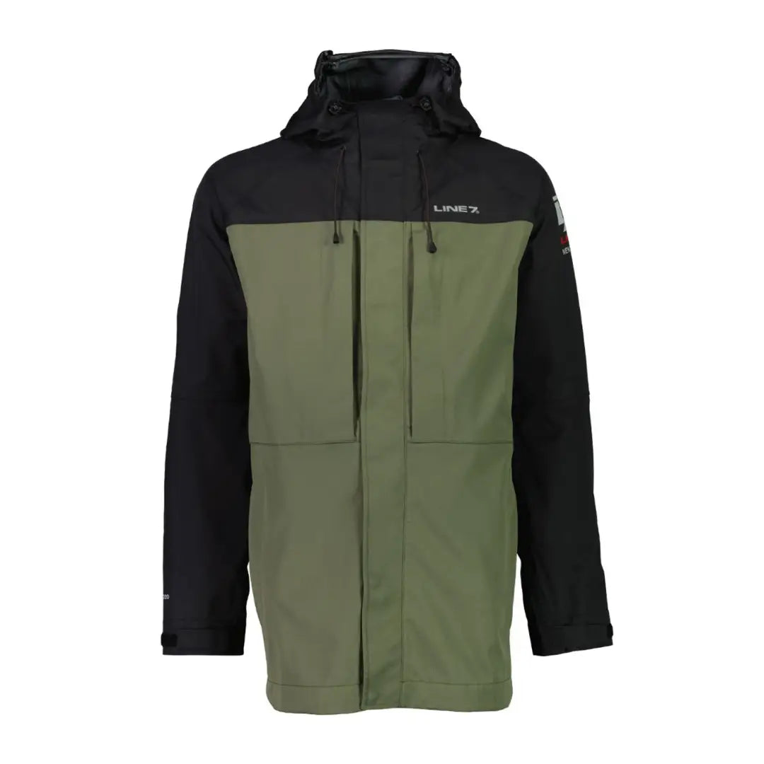 Two-tone Line 7 Storm Pro20 Jacket in black and olive green, made with nylon rip-stop fabric