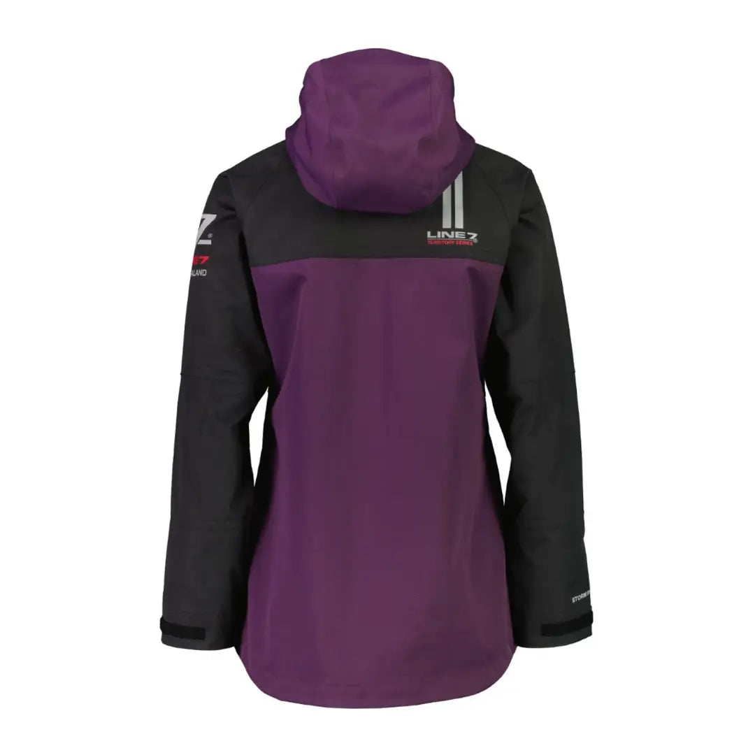 Purple and black hooded Line 7 Storm Pro20 jacket with zipper and logo patches