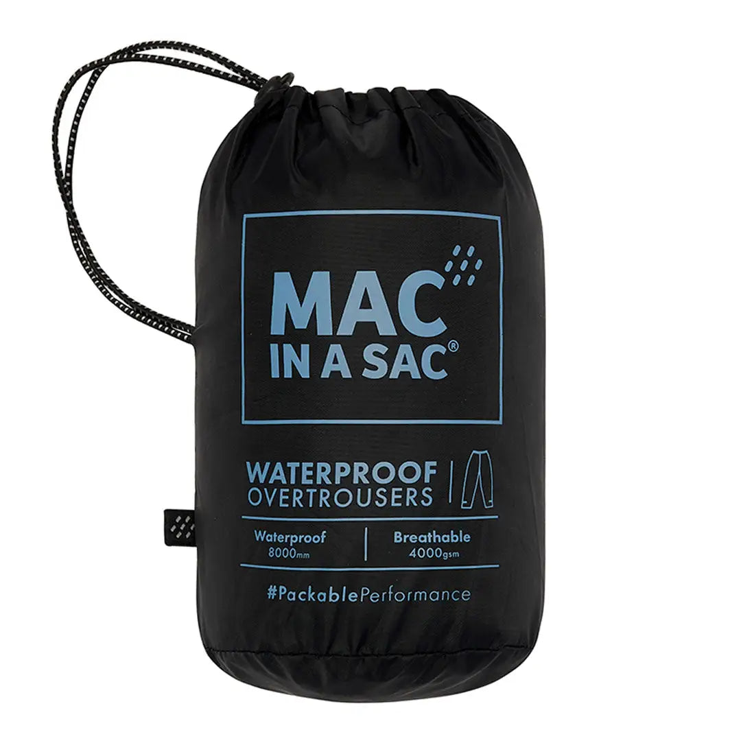 Black drawstring bag for Mac In A Sac Explorer Mens Waterproof Overtrousers outdoors use