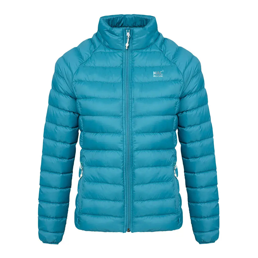 Teal puffy down jacket with full-length zipper for country clothing enthusiasts outdoors