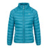 Teal puffy down jacket with full-length zipper for country clothing enthusiasts outdoors